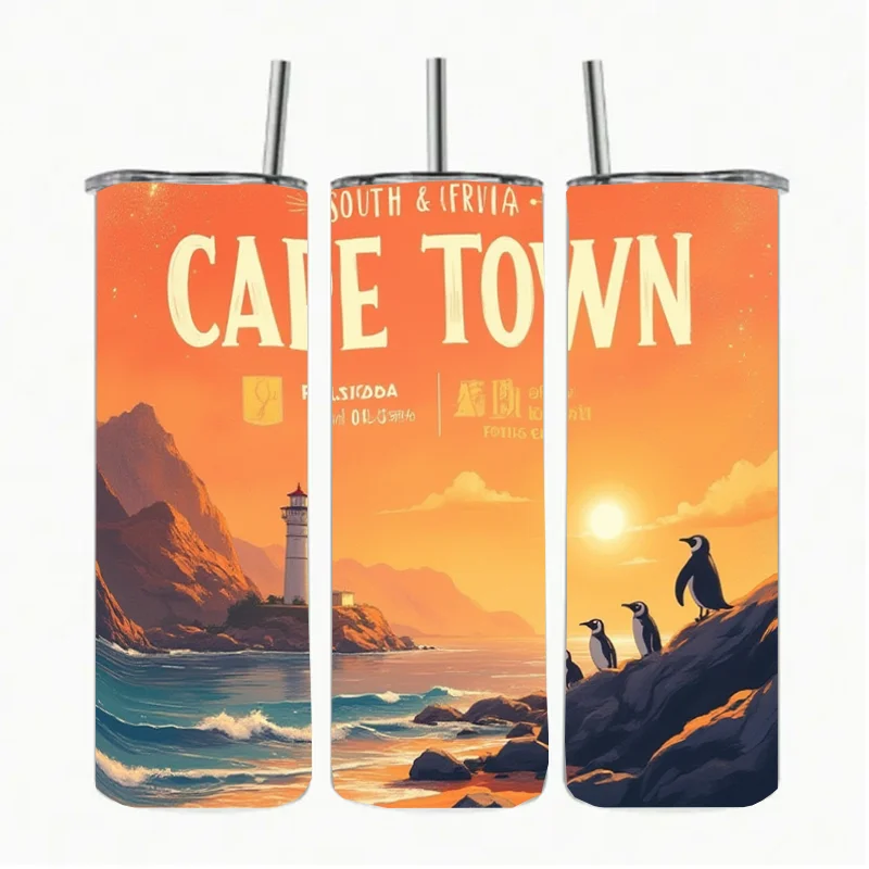 Frasco a vácuo de aço inoxidável de 20 onças com canudo e tampa decorado com fotos de cenário da África do Sul como presente de aniversário