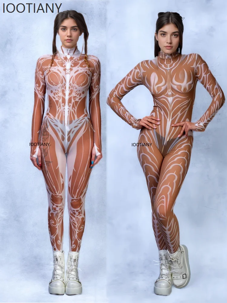 

Halloween Women Sexy Art Painting Mesh Tights Bodysuit Carnival Party Cosplay Costume Stage Dance Performance Stretch Tights New