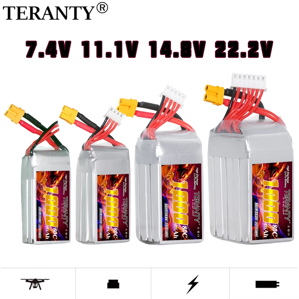 TERANTY 2S 3S 4S 6S 1000mAh 80C LiPo Battery For Quadcopter FPV Drone Parts 7.4V 11.1V 14.8V 22.2V  Rechargeable Battery