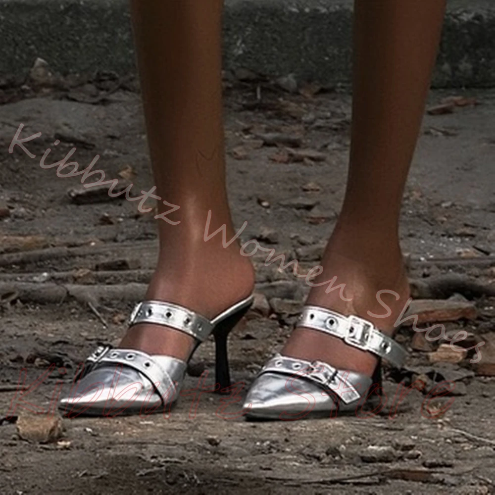 Metallic Mule Slipper Slip-On Thin Heels Women Pointed Toe Buckle Strap Backless Y2K Punk Style Party Street Shoes Solid Color