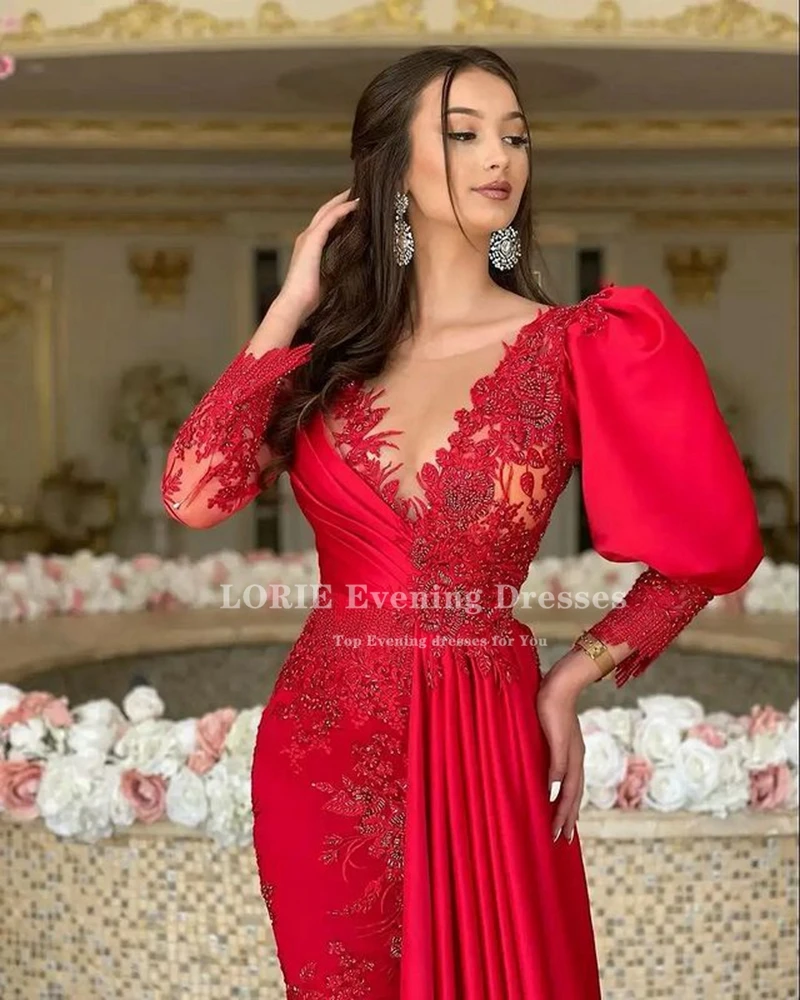 LORIE Fashion Red Scoop Mermaid abiti da sera da sera maniche lunghe Dubia abiti da ballo Appliques abito formale Robe De Mariee 2022