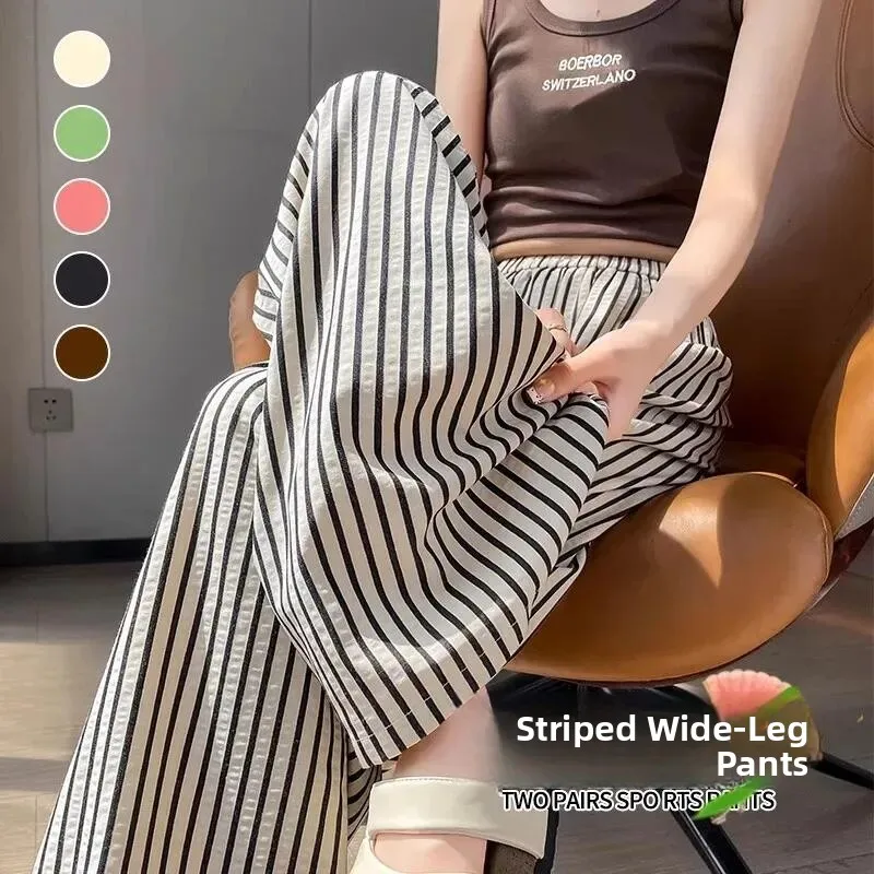 Pantaloni dimagranti a vita alta a gamba larga Pantaloni estivi sottili da donna BF Sle Pantaloni casual Strisce verticali Allentati Lazy Sle Drapey
