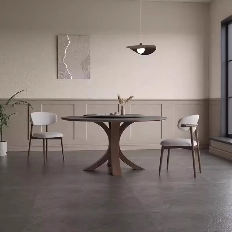 Home round table with turntable walnut inlaid matte solid wood