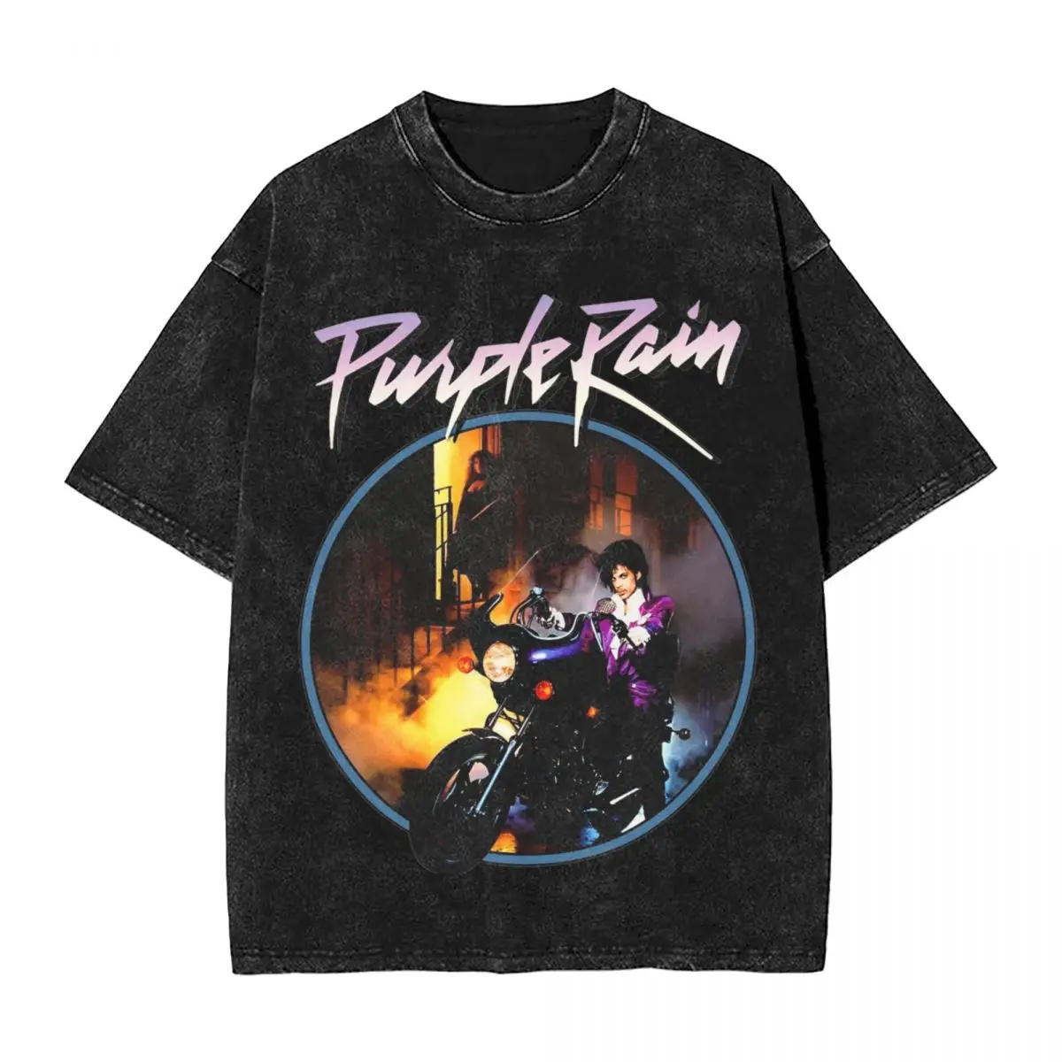 A Man Riding Motorcycle In Rain Purple Rain Prince Rock Washed T Shirt Male Summer O-Neck Hip Hop Tee Shirt Big Size Clothes