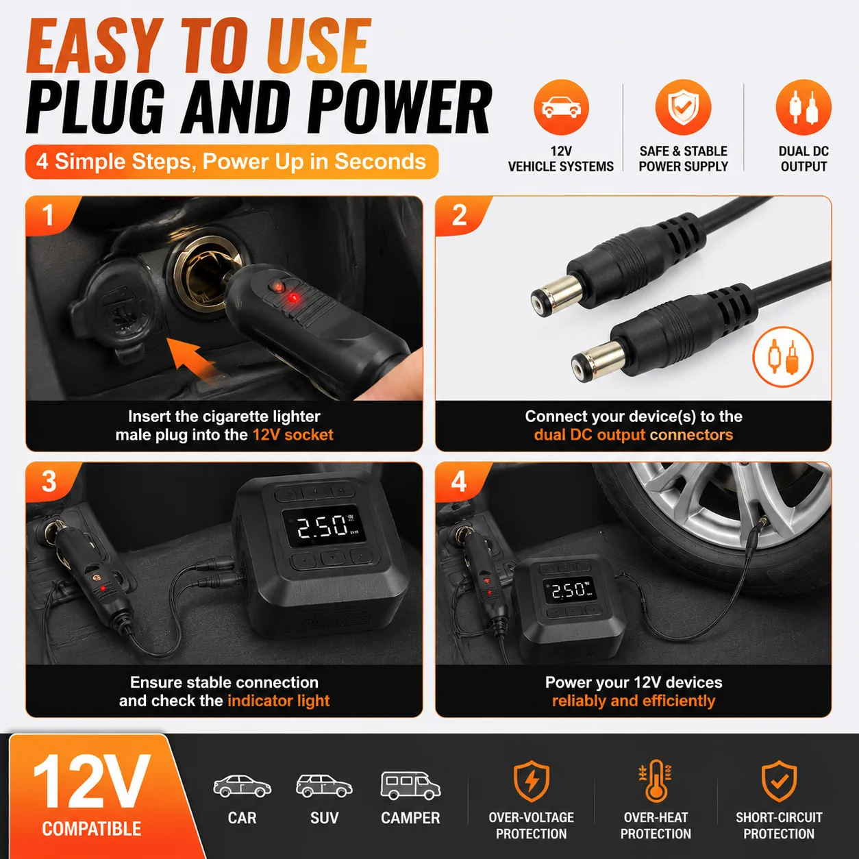 DC Car Charger Power Cord Cigarette Lighter Male to Dual DC  Plug Cable 12V 5A Vehicle Power Adapter Y Splitter for Car Devices