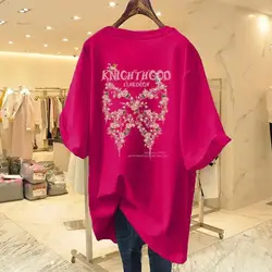 Summer Loose Chic Flower Bow Printed Pullover Lady Pure Cotton T-shirt Women O-neck Basics Short Sleeve Top Tees