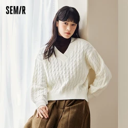 Semir Sweater Women Short Crop V-Neck 2024 Winter New Sweet Gentle Pullover Knitted Sweater