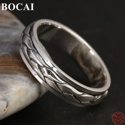 BOCAI Genuine Sterling Silver S925 Rings for Men Women New Fashion Weaven Pattern Rotatable Solid Argentum Punk Jewelry