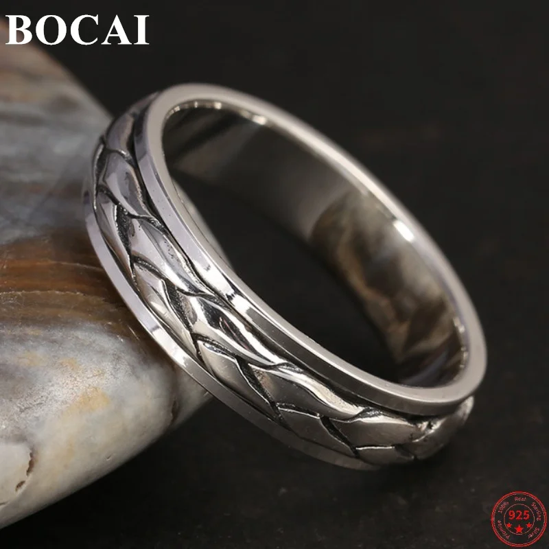 BOCAI Genuine Sterling Silver S925 Rings for Men Women New Fashion Weaven Pattern Rotatable Solid Argentum Punk  Jewelry