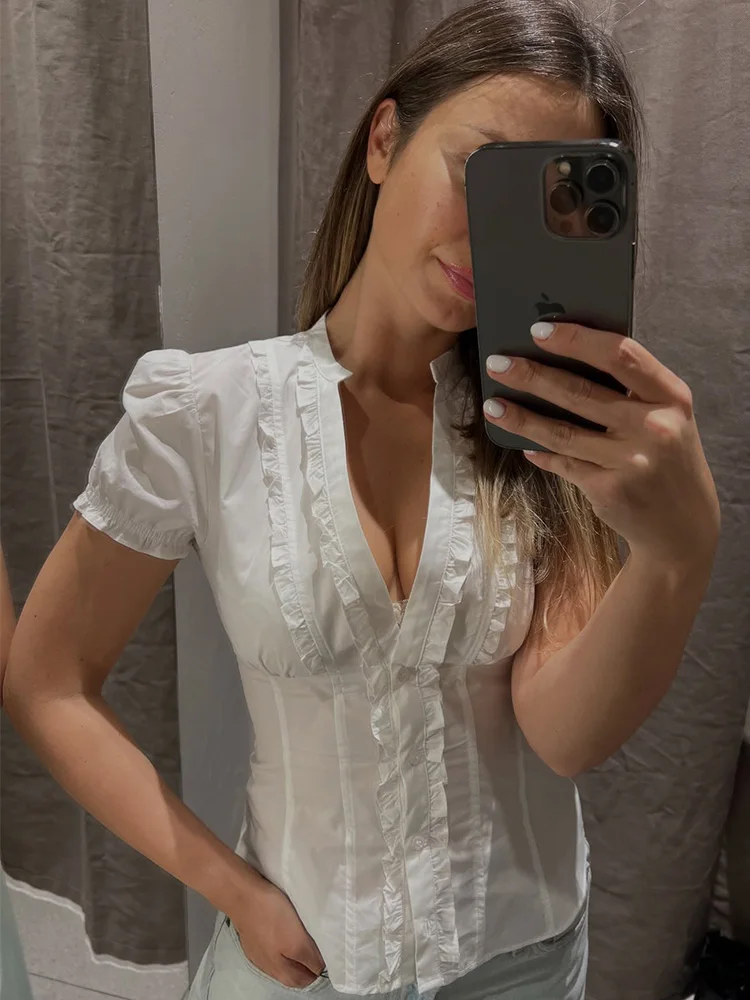 

HH Spring Women Shirt Short Sleeve Laminated Decoration 2-Color Solid Single Breasted Female 2026 Versatile V-neck Blouse