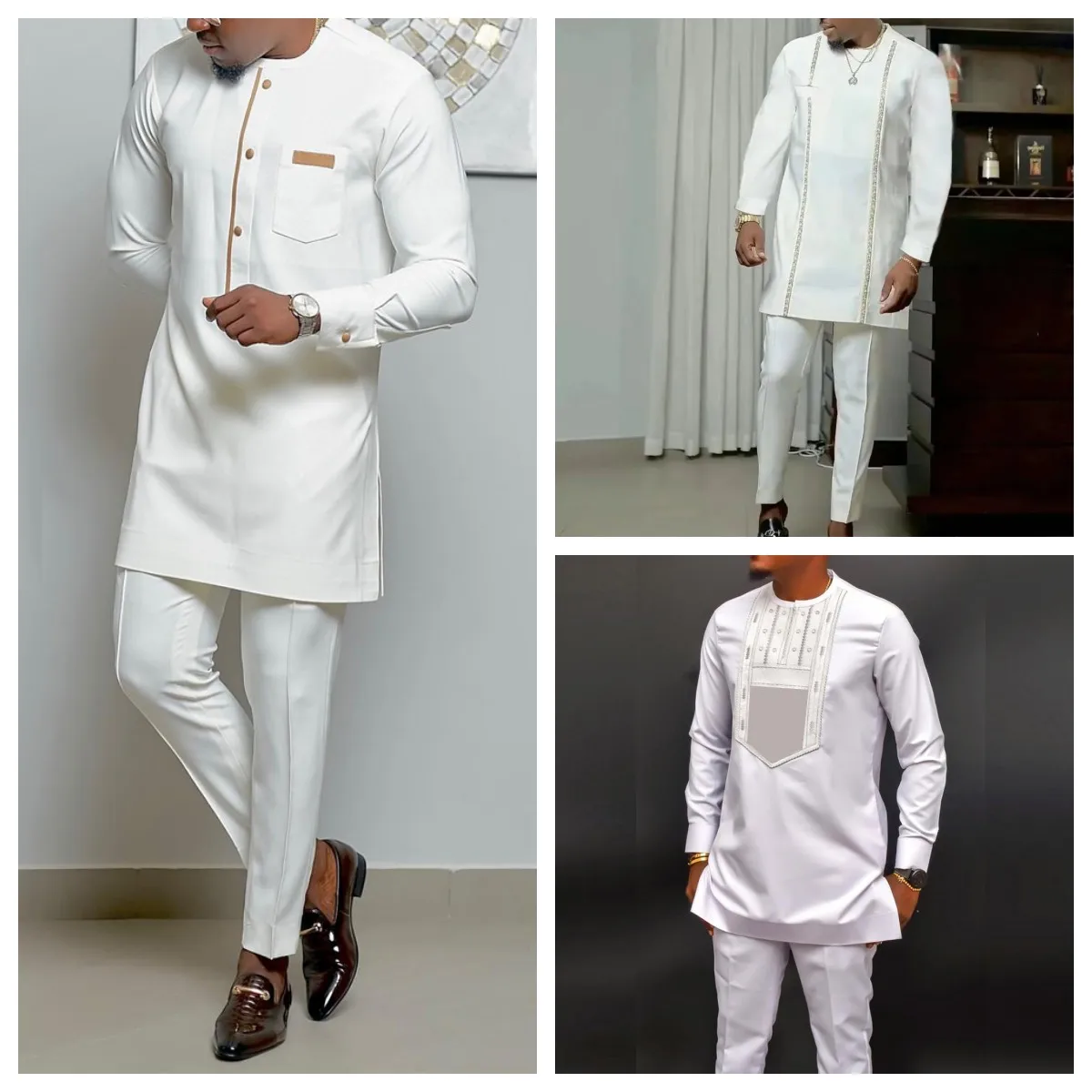 

Summer Kaftan 2 Piece Sets Men's Suit Button Crew Neck Pockets Long Sleeve Top and Pants Wedding Ethnic Style Outfit Clothing