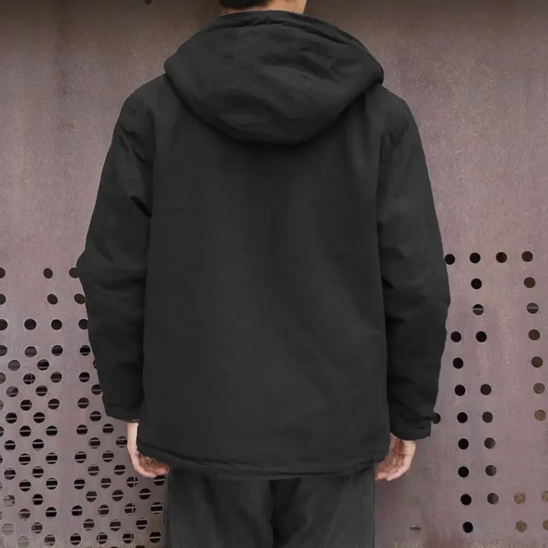 سترة قطنية قصيرة فضفاضة بغطاء للرأس دافئة للرجال مع بطانة من الصوف لمعطف الشتاء السميك والمبطن بالقطن