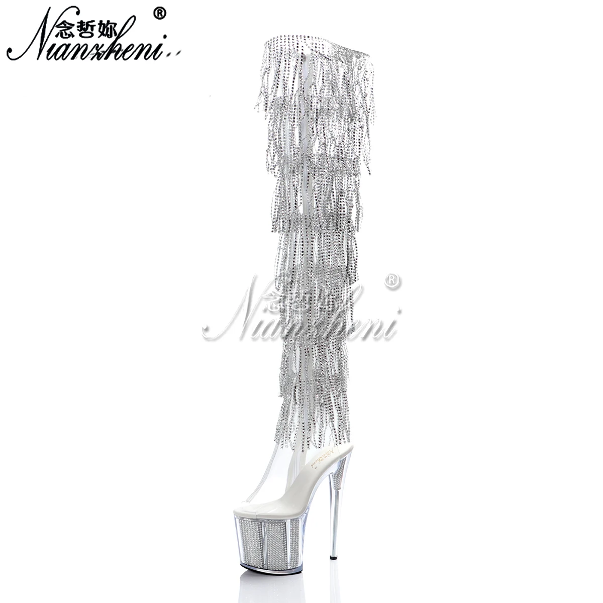 

Exotic Transparent Crystal Queen Stripper High Heels 20cm Over-Knee Boots with Platform Tassels And Diamonds Sexy Fetish Footwea