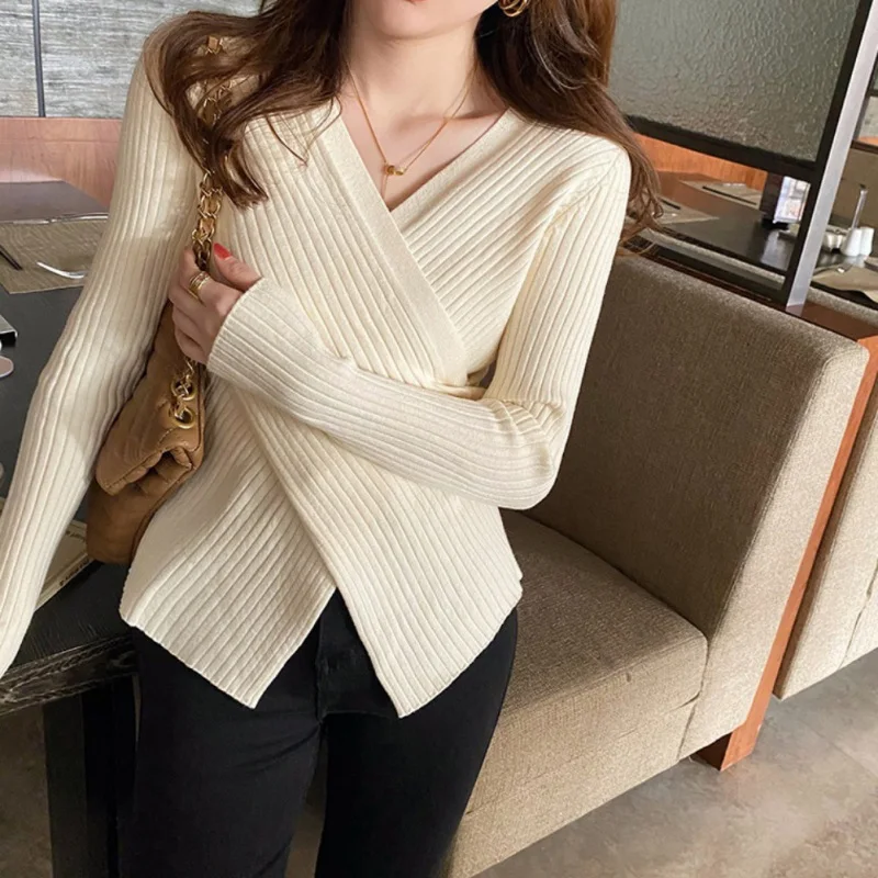 Autumn Winter Knitwear V-neck Tops Women Pullover Cross Asymmetrical Sweaters Female Long Sleeve Skinny Elastic Casual Shirts