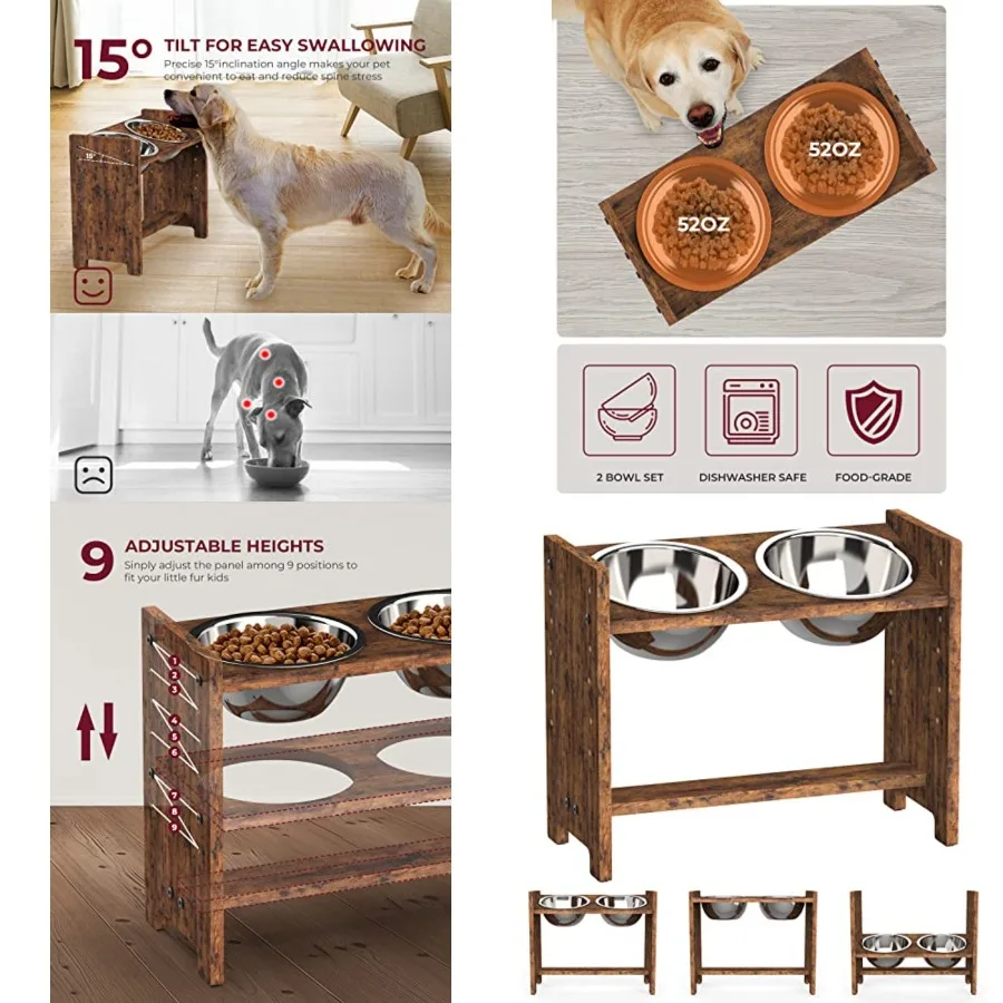 

Elevated Dog Bowls, Adjustable Raised Dog Bowl Stand and X Pet, Sturdy Particle Board Food Feeder with 2 Stainless Steel Dishes