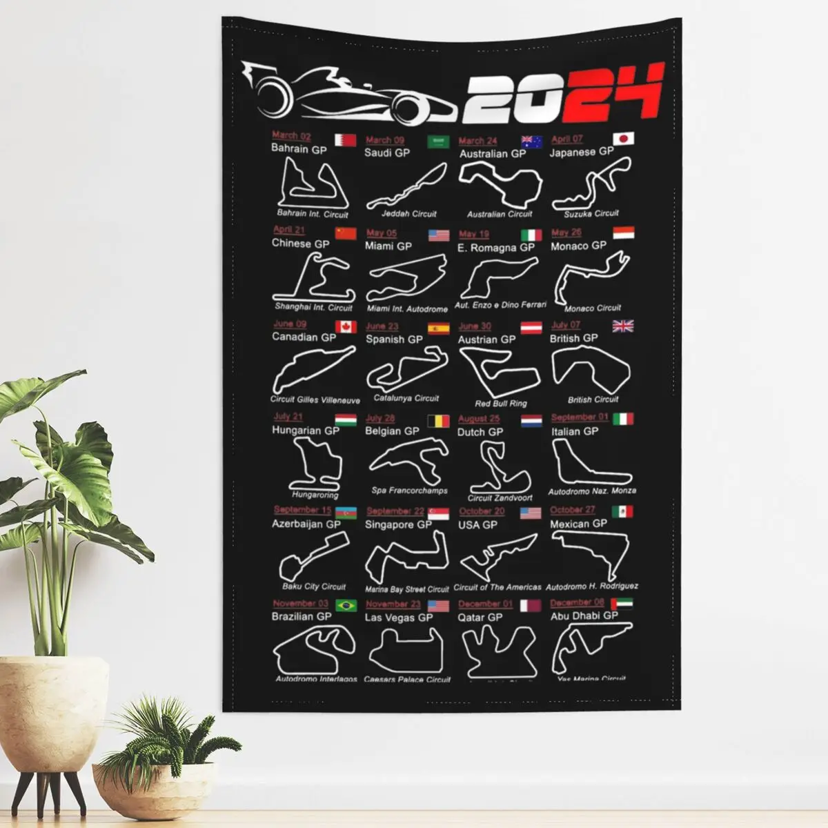 

F1 Race Cars Calendar 2024 Circuits Tapestry Wall Hanging Car Racing Tapestries Home Decor for Living Room Bedroom Wall Cloth