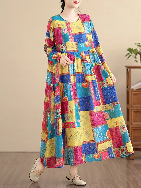 Retro artístico estampado largo Sve Linen Dr mujeres primavera otoño suelto dobladillo ancho encaje ribete largo Dr A-Line silueta