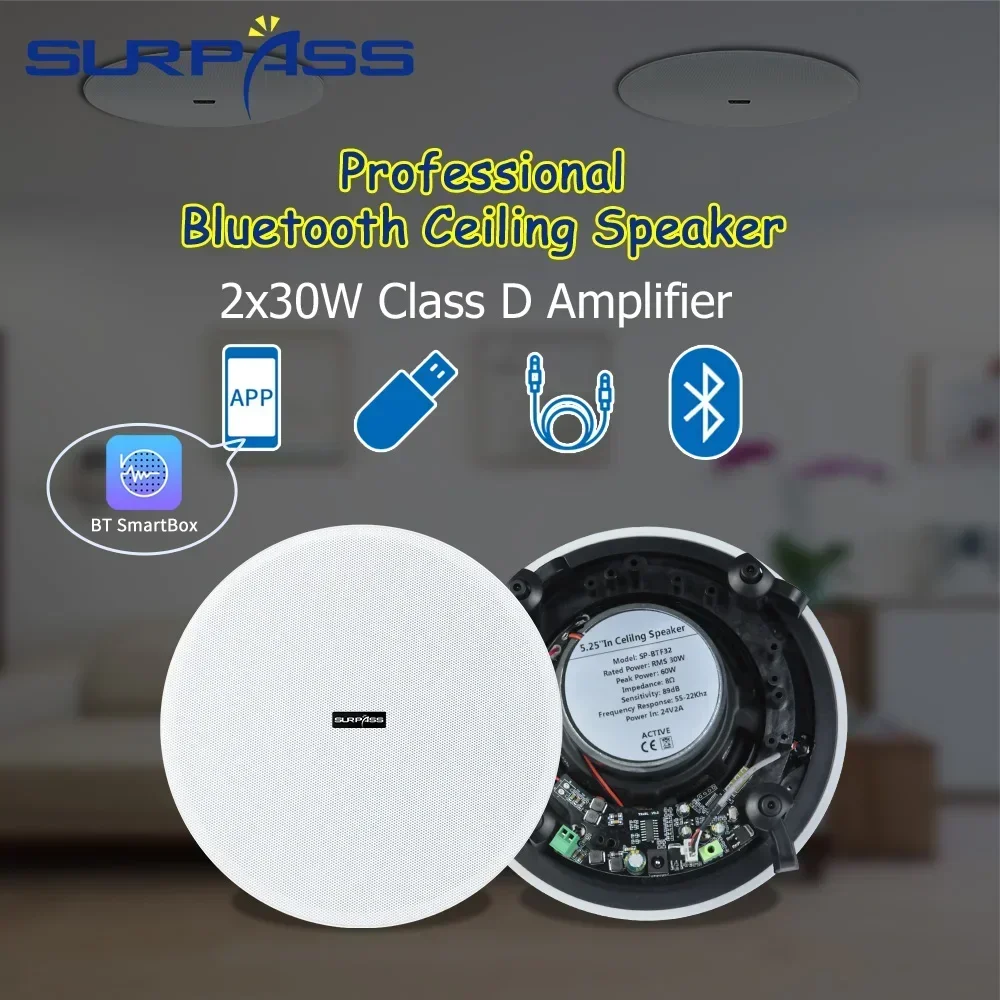 

Ceiling Bluetooth Speaker 5.25'' Built-in 2X30W Class D Amplifier Recessed Audio Speakers Home Sound System for Indoor Cinema