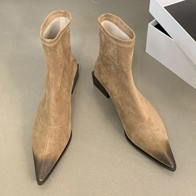 2024 Fashion Women Boots Brand Booties Thick Low Heel Pointed Toe Ankle Boots Casual Back Zipper Chelsea Boot Winter Shoes Mujer