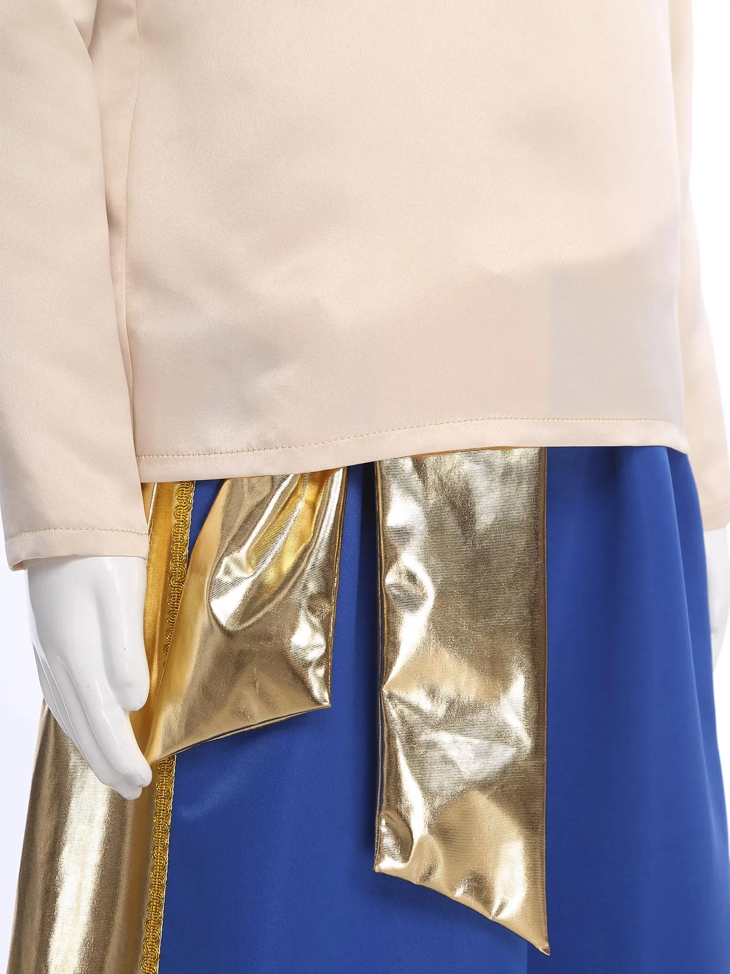 Kostum Cosplay Pangeran Arab Anak Laki-laki Pakaian Roleplay Halloween Atasan Kemeja Lengan Panjang dan Set Celana Harem Mengkilap Metalik