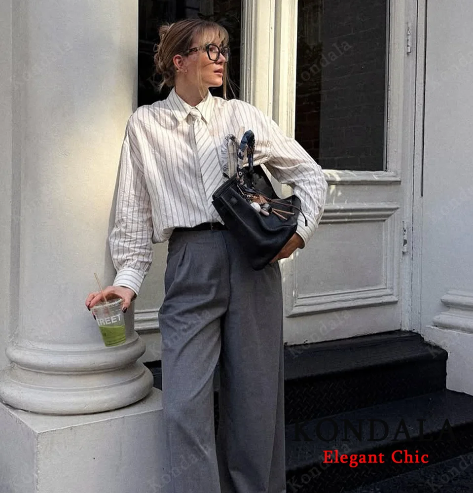 KONDALA Damska Luźna Koszula w Paski z Kołnierzykiem, Wiązana, Zapinana na Guziki, Moda Wiosna-Jesień 2025, Uniwersalna Koszula Damska do Pracy