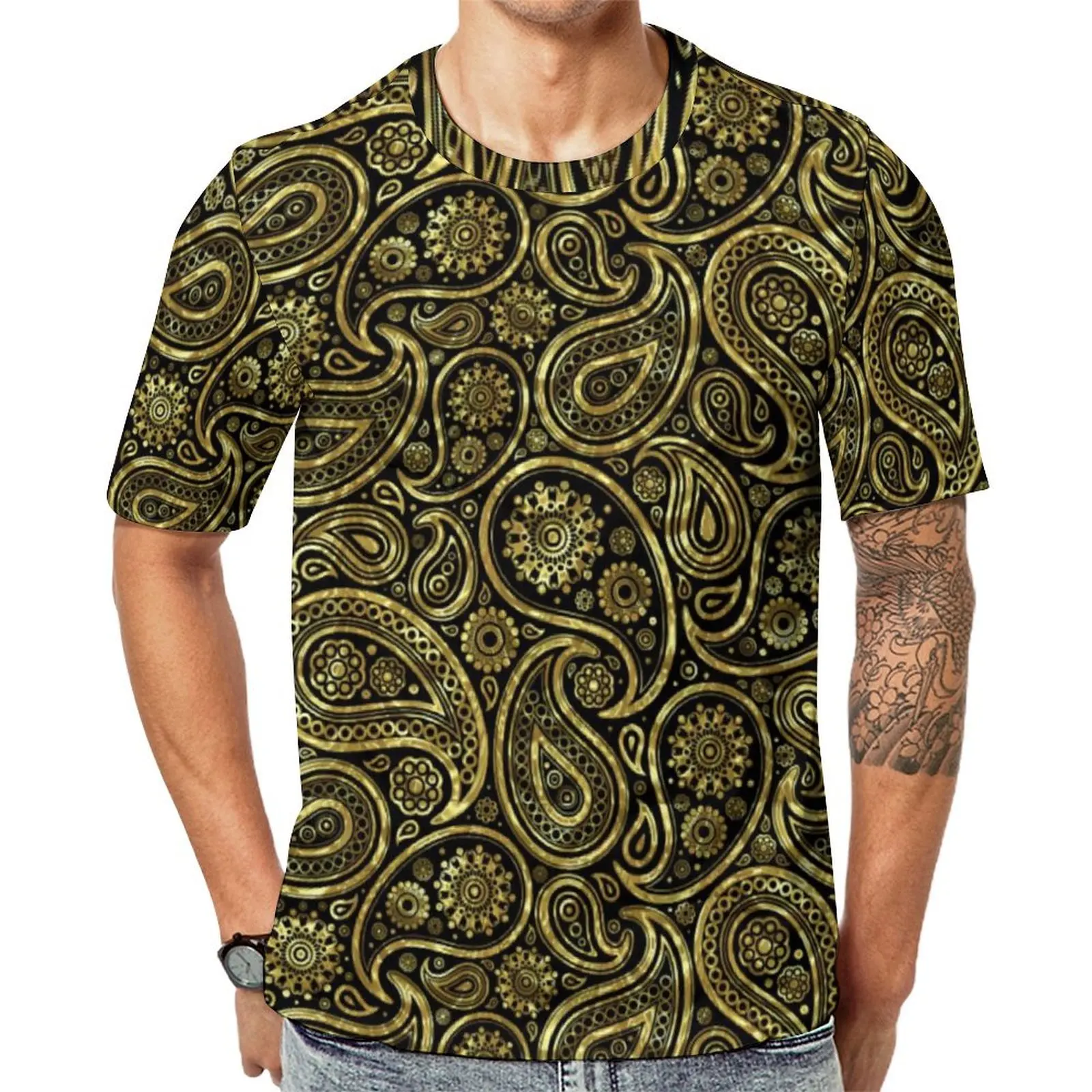 

Oversized T Shirt Summer Gold Paisley Print T Shirts Vintage Floral Funny Round Neck Tshirt Men Vintage Custom Tees