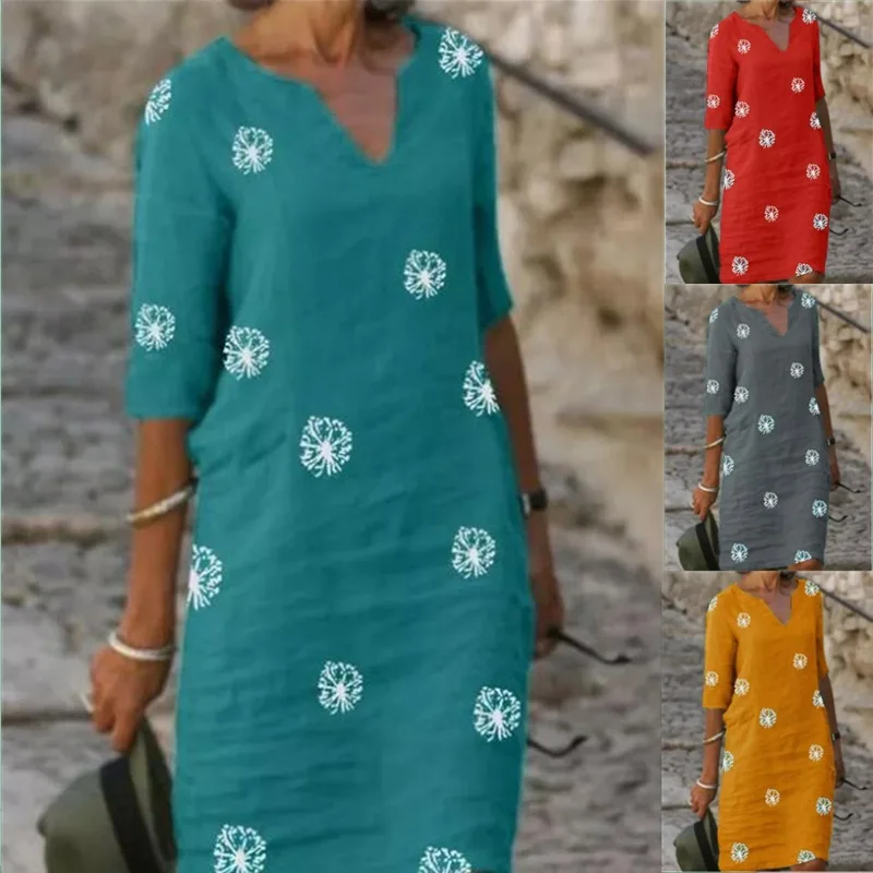 Frauen elegantes Kleid mit Blumen druck Sommer neue halbe Ärmel knielange lässige Büro Strand kleider Vestidos