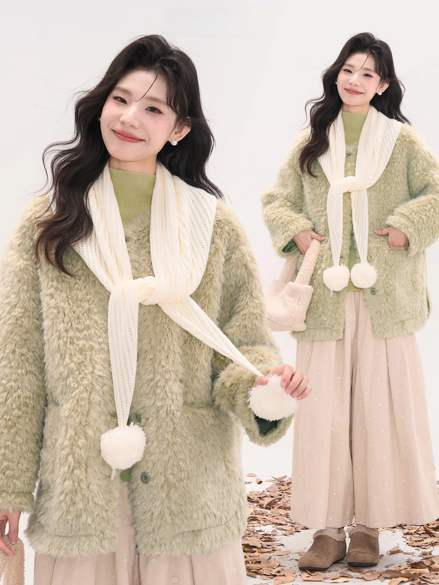 

Princ Sle Knitted Fluffy Coat with Furry Balls Medium Length Women's Winter Outerwear Soft Polyester Fabric Long Sve