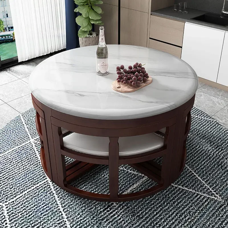 

marble dining table and chairs simple and modern small unit solid wood household space saving circular hidden 4-person