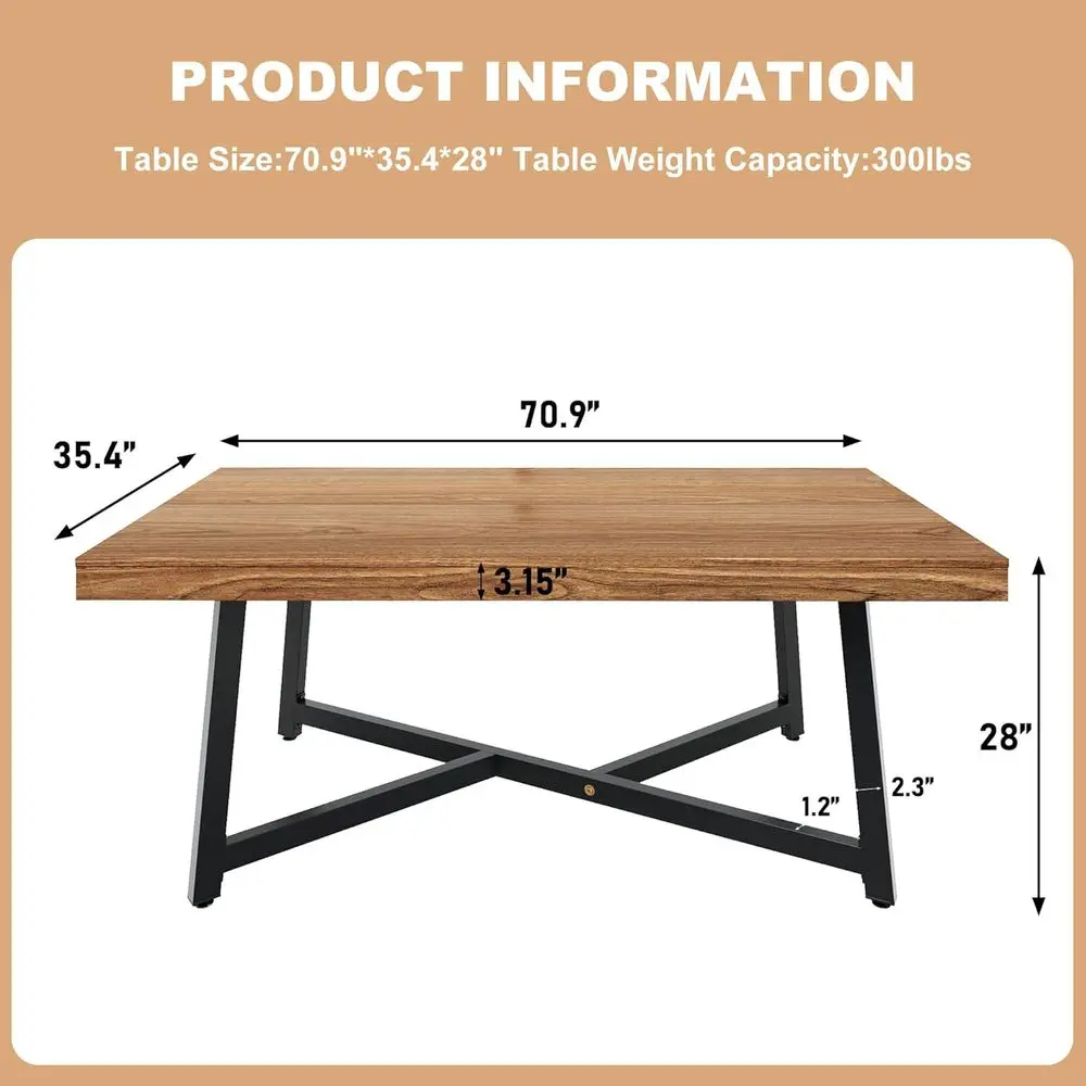 71 Dining Table for 4-6-8 People, Wooden Rustic Kitchen Table with Thick, Water-Resistant Wood Tabletop, Regular Long Brown Dinn