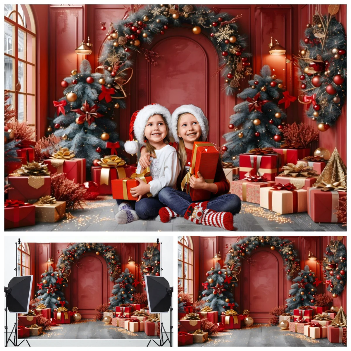 Red European Palace Wall Backdrop Christmas Wreath Wooden Board Arch Kids Family Portrait Photography Background Photozone Props