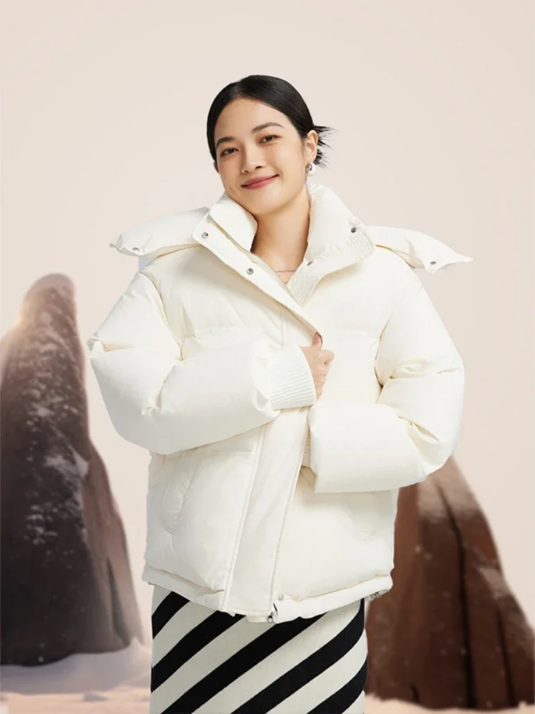 

Winter New Women's Coat White Duck Down Warm Short Down Jacket Loose Thicked Puffer Jacket Hooded Stand Collar Clothing Female