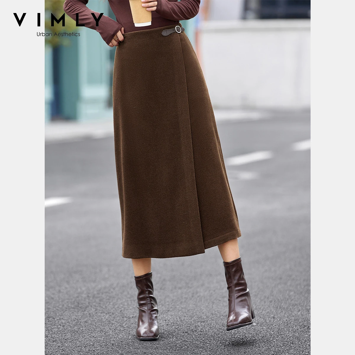 VIMLY Women's Wrap Brown Midi Skirt for Autumn 2026 Vintage High Waist Ladies Skirts Elegant Office Straight Female Skirts A2795