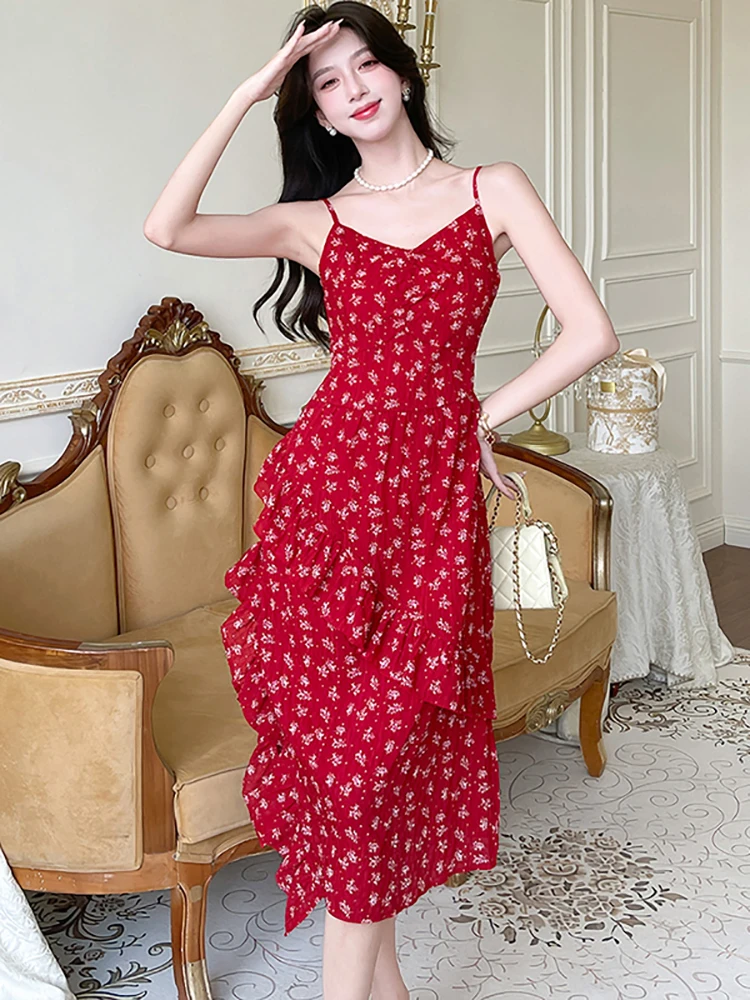 

Женское красное шикарное длинное платье с рюшами и разрезом с цветочным принтом, летнее элегантное сексуальное пляжное платье на бретельках, 2025 корейское винтажное облегающее праздничное платье