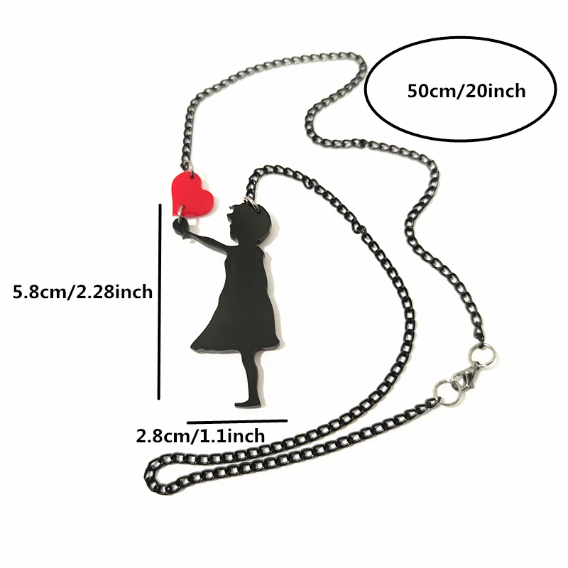 KUGUYS The Girl With Red Heart Pendant Necklace for Women Figure Black Silhouette Jewelry Acrylic Cute Accessories