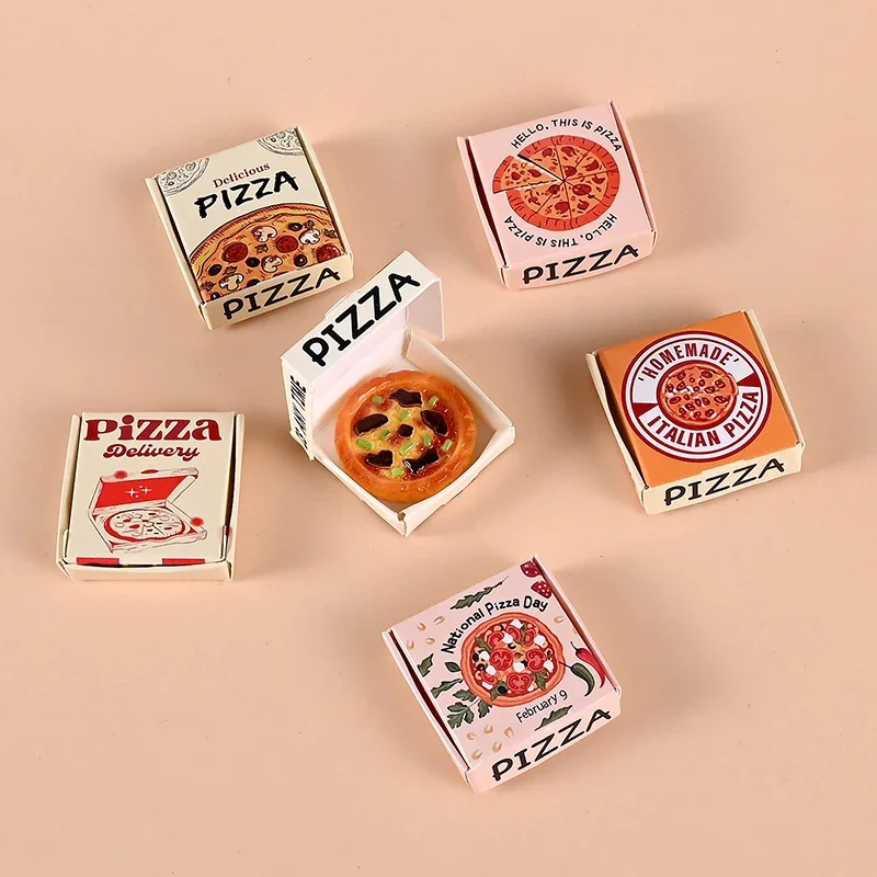 Conjunto de jogo de pizza ou caixa de embalagem em miniatura para casa de bonecas de seis peças: brinquedo de decoração de comida para casa de boneca