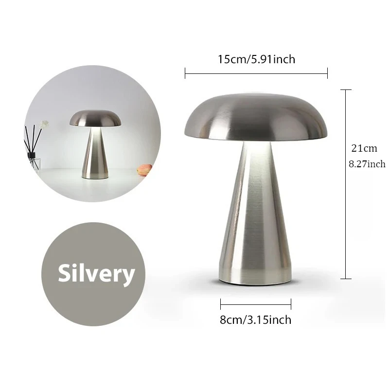 Metaliczne srebrne lampki nocne stojące, ładowalne, dotykowe, z regulacją jasności, lampka stołowa do sypialni, lampka nocna, dekoracja wnętrz, tworząca atmosferę.