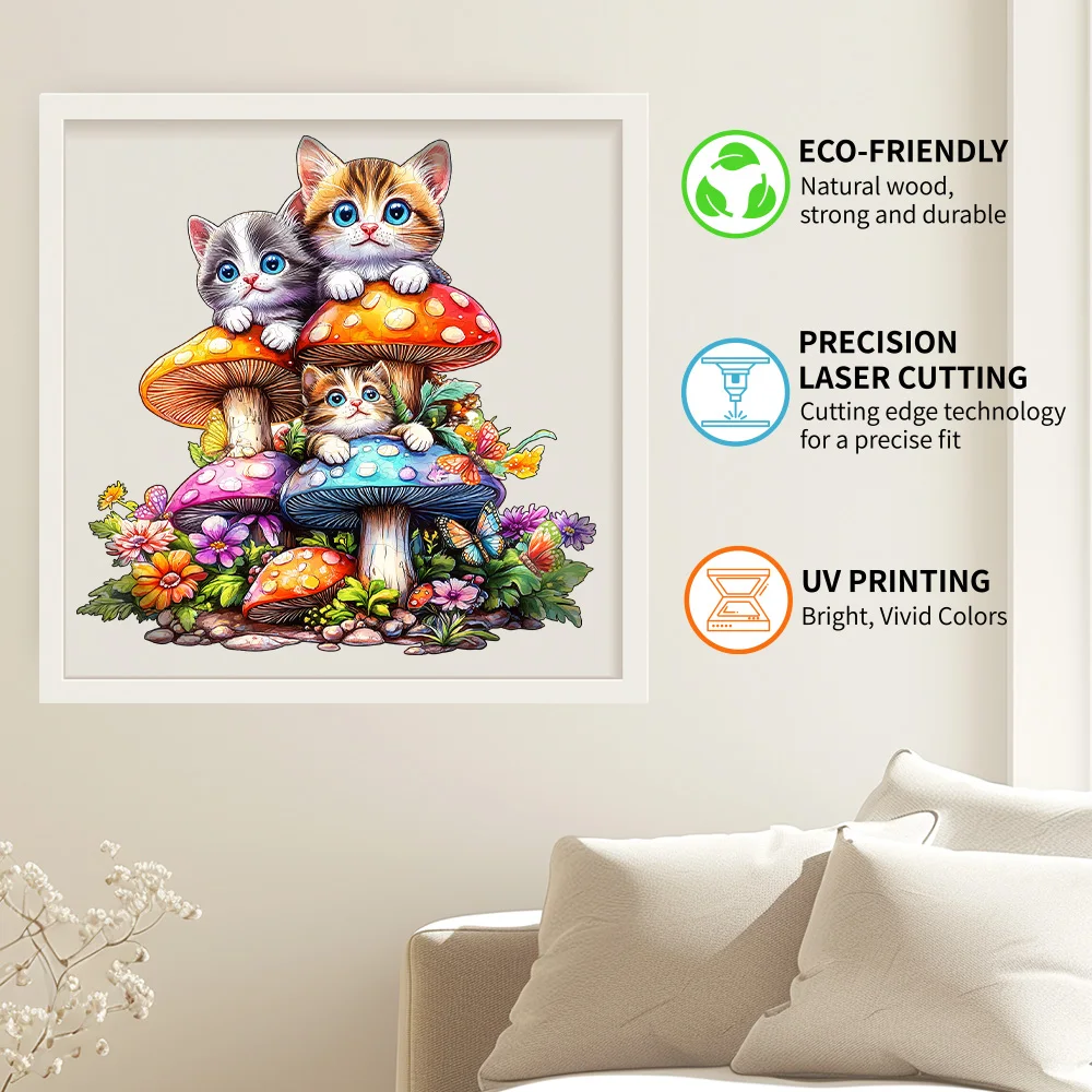 Wooden Puzzles for Adults, Cat Family Wooden Jigsaw Puzzles for Adults, Mushroom Kitten Wood Puzzles Adult, Unique Animal Shape