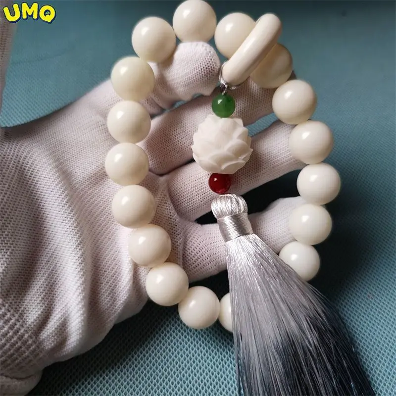 White Jade Bodhi Root Big Lotus Running Ring Tassel in Hand Round Buddha Beads Recitation Stupid Little Unusual Pure