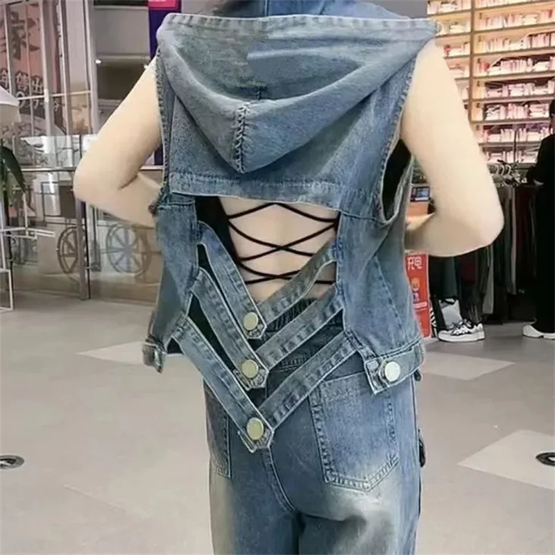 

Fashion Backless Hooded Denim Vest 2025 New Spring Summer Autumn Korean Women's Vest Jacket Sleeveless Denim Jacket Coat Top