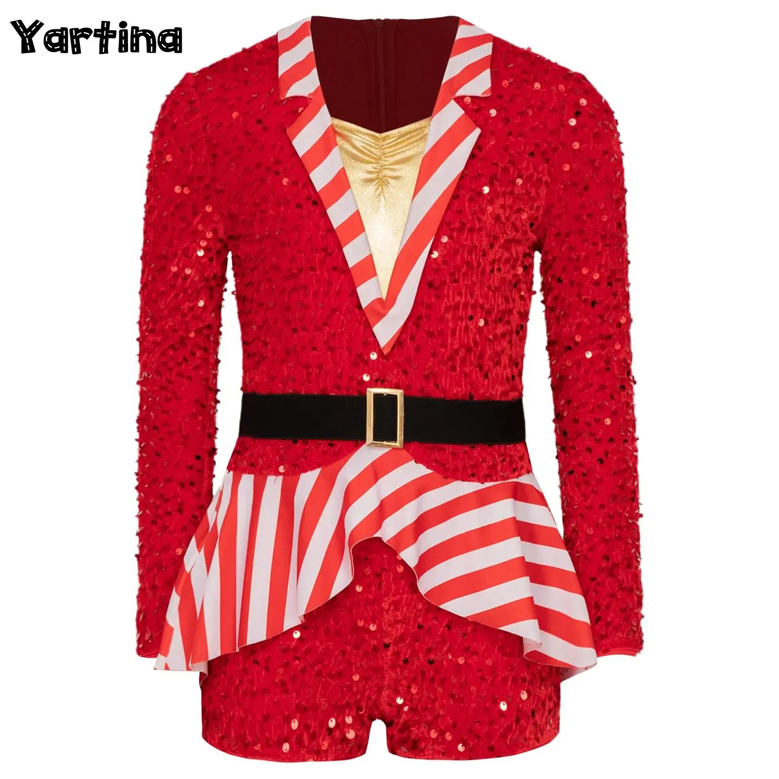 

Girls Christmas Xmas Candy Cane Santa Cosplay Outfit Sequins Stripes Gymnastics Boycut Bodysuit Ballet Dance Unitard Costumes