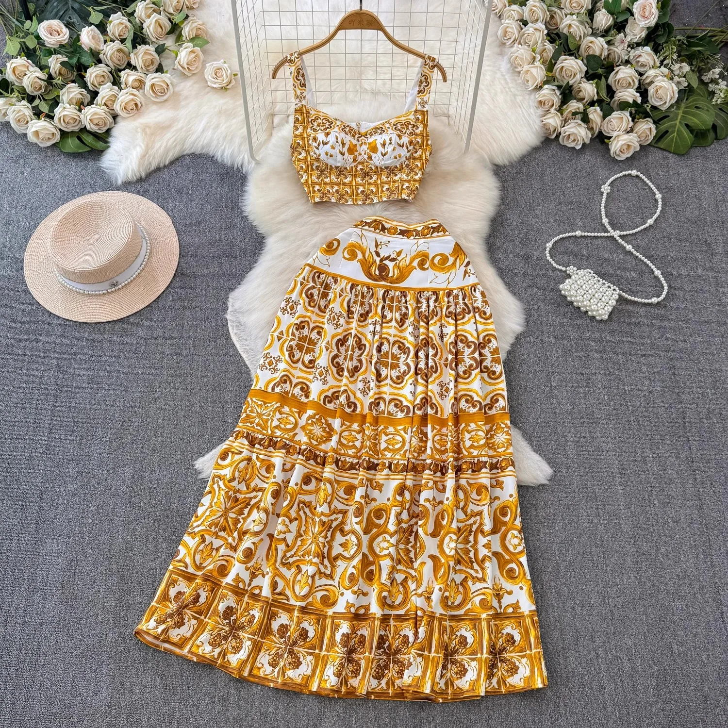 Summer Holiday Yellow Floral Two Piece Women Skirt Sets Sexy Corset Crop Tops And Long Maxi Skirts Suits 2-częściowe stroje z nadrukiem