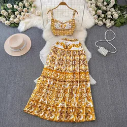 Summer Holiday Yellow Floral Two Piece Women Skirt Sets Sexy Corset Crop Tops And Long Maxi Skirts Suits 2 pcs Print Outfits