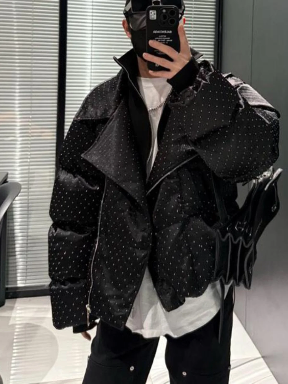 Men's 2025 Winter New Fashion Starry Sky Rhinestone Stand Collar Zipper Parkas Thickened Warm Parkas Trendy Long Sleeve Jackets