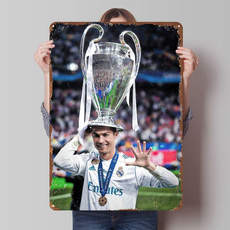 Póster del trofeo de la Liga de Campeones Cristiano Ronaldo, letrero de Metal para jugador de fútbol, placas de estaño de fútbol personalizadas para decoración de arte de pared
