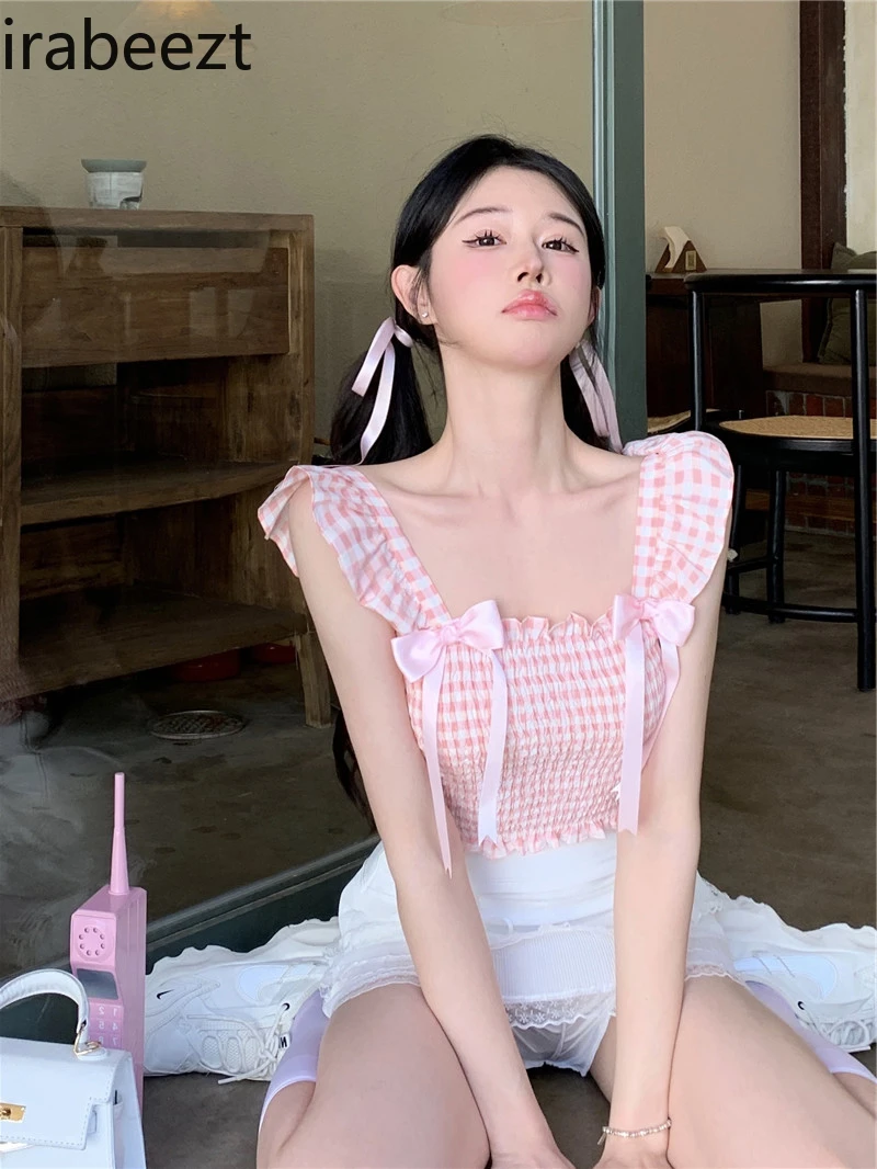 Summer Sweet Bow Girl Pink Plaid Lotus Short Sleeve Vest Stretch Slim Top Slim Fit Blusa Feminina Plaid Casual Blouse Women
