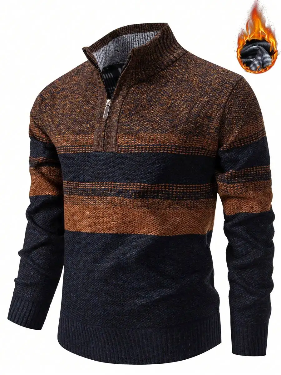 

Men's Half-Zip Knit Sweater with Thermal Lining, Striped Pattern, Autumn Winter Warm Top