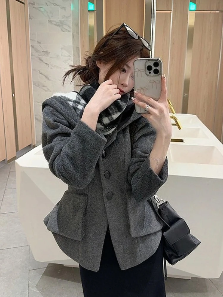

Women's Petite Warm Hooded Black Gray Wool Coat Fashionable Korean Style Trench Coat for Autumn Winter Trendy Outerwear 2025