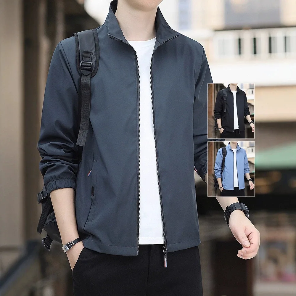 2025 New Men Solid Stand Collar Casual Jacket, Fleece Lined Trendy Outerwear For Spring Autumn Winter