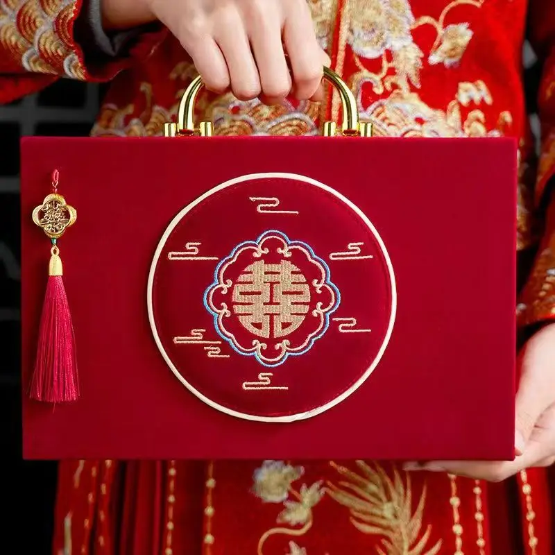 중국 스타일 선물 약혼 케이스 결혼식 지참금 가죽 휴대용 문서 선물 보관 상자 30X9.5X20CM